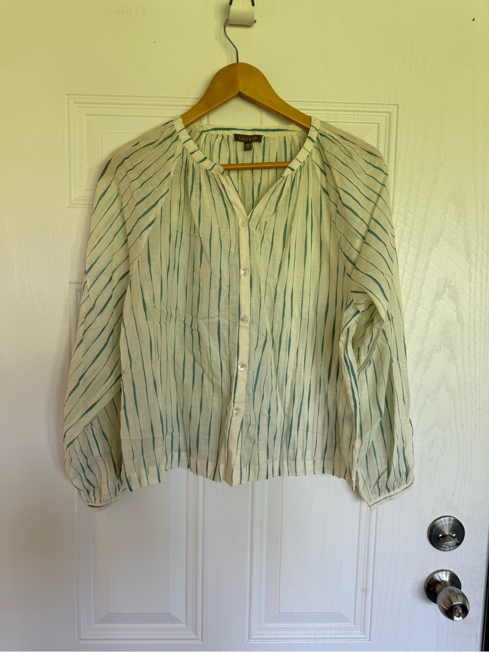 2 for $30 sale: Lilla P green Striped Button Down cotton Long Sleeve Blouse